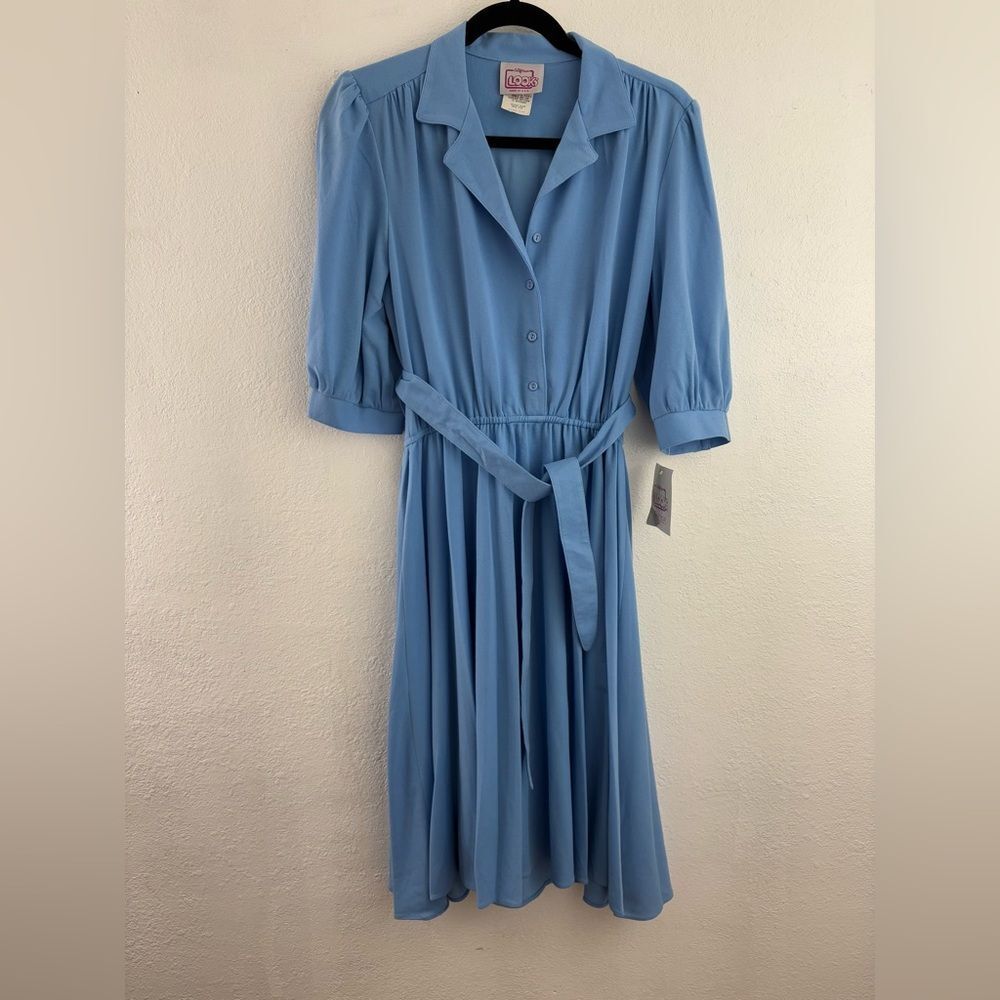 California Looks  Blue Dress Front Buttons with Collar Ballon Sleeve Size 14P